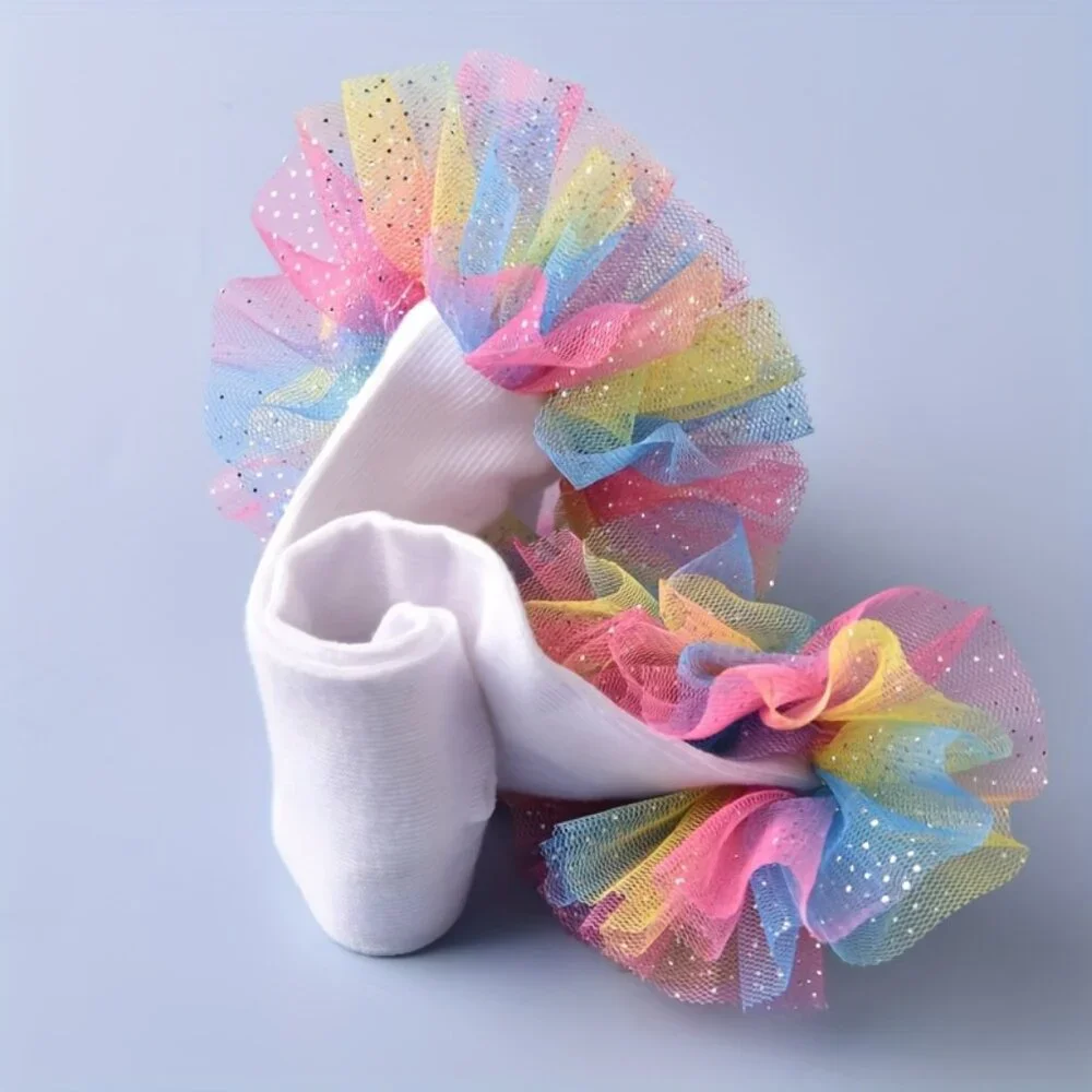2/$12 Girls Rainbow Tulle Ruffle Socks | White Sparkle Ankle Socks